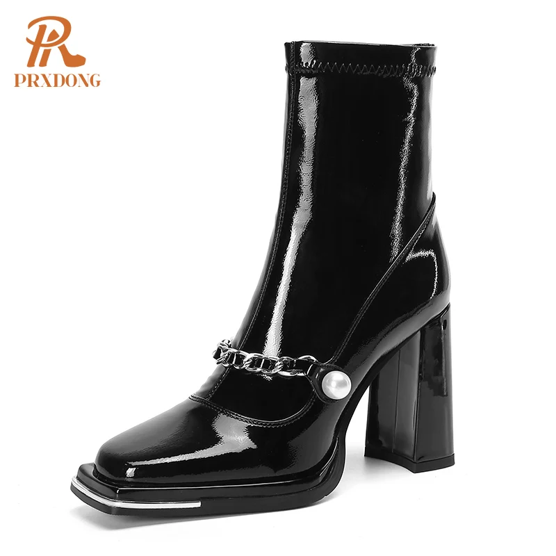 

Woman‘s Shoes 2022 New Fashion Patent Leather Chunky High Heels Square Toe Black Zipper Dress Party Working Ankle Boots Size 40
