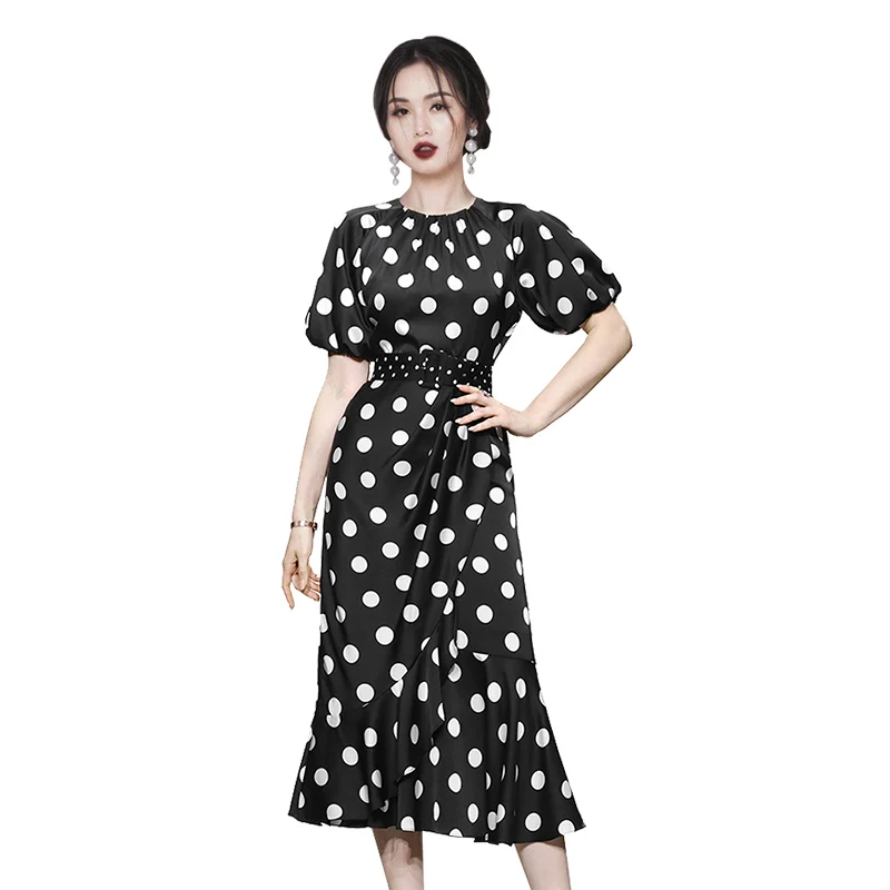 

black Dot office maxi A line Dresses one piece korean ladies summer fahsion crew neck cabaret party long Dresses for women