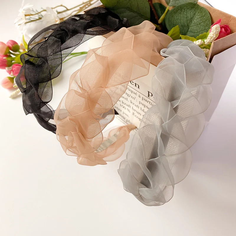 

Fashion Fresh Style Pleated Solid Color Headband Turban Soft Mesh Cloth Hairband Women Hair Hoop Adult Hair Accessories Gift