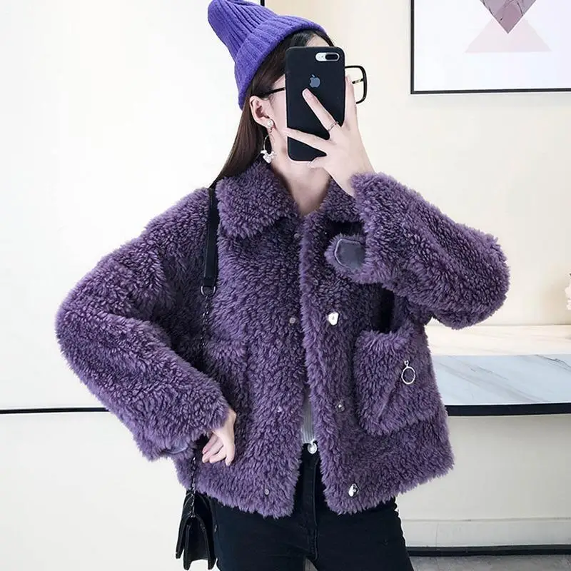 Woman Real Fur Coat Winter Female Loose Long-sleeve Outerwear Ladies Fur Coat Natural Fur Jacket Button Up Casual Jacket G282