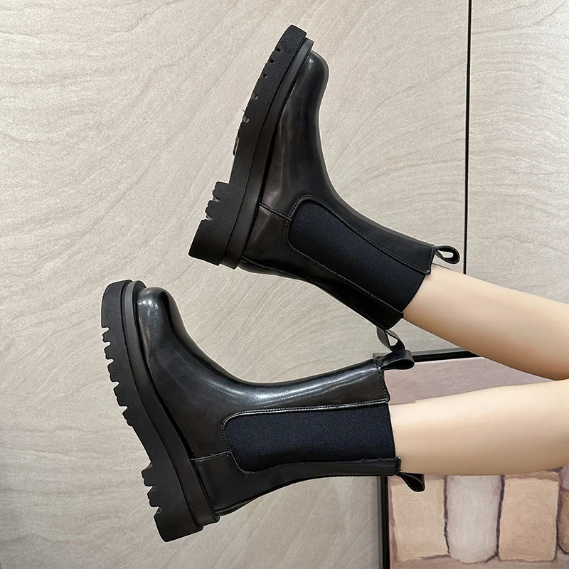 Autumn Genuine Leather Ankle Elastic Boots Shoes Handmade Platform Women Round Toe Short Boot Chunky Heightening Chelsea Boots