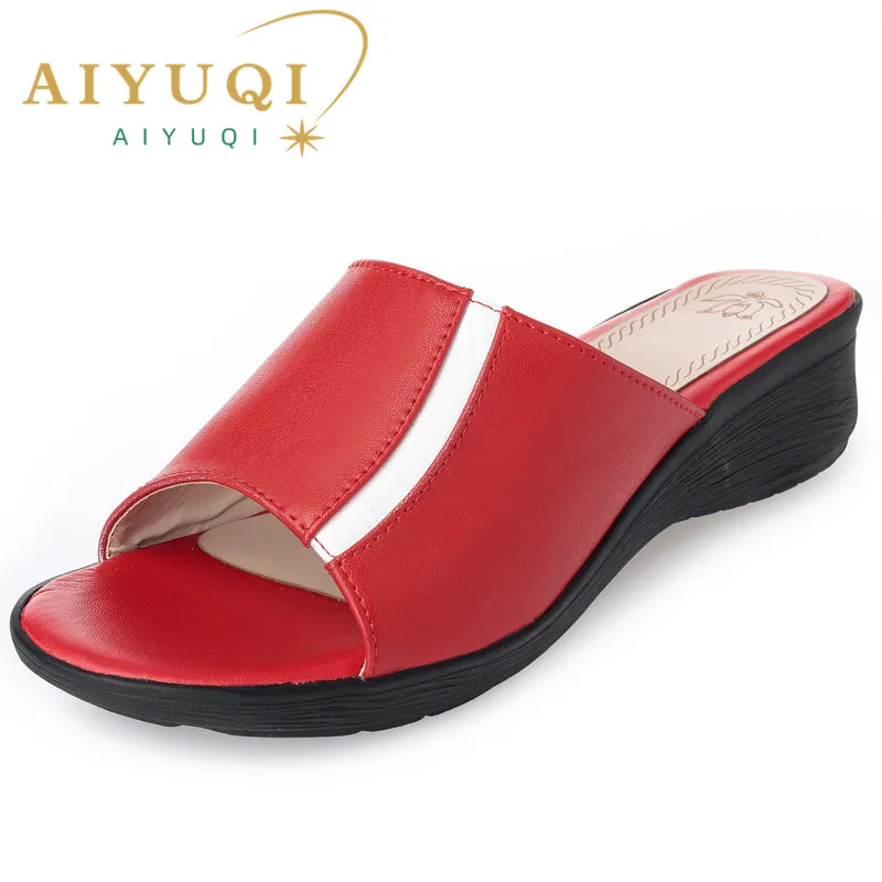 AIYUQI 2023 New arrival fashion summer woman Cool slippers genuine leather Color combination women shoes comfortable wedges