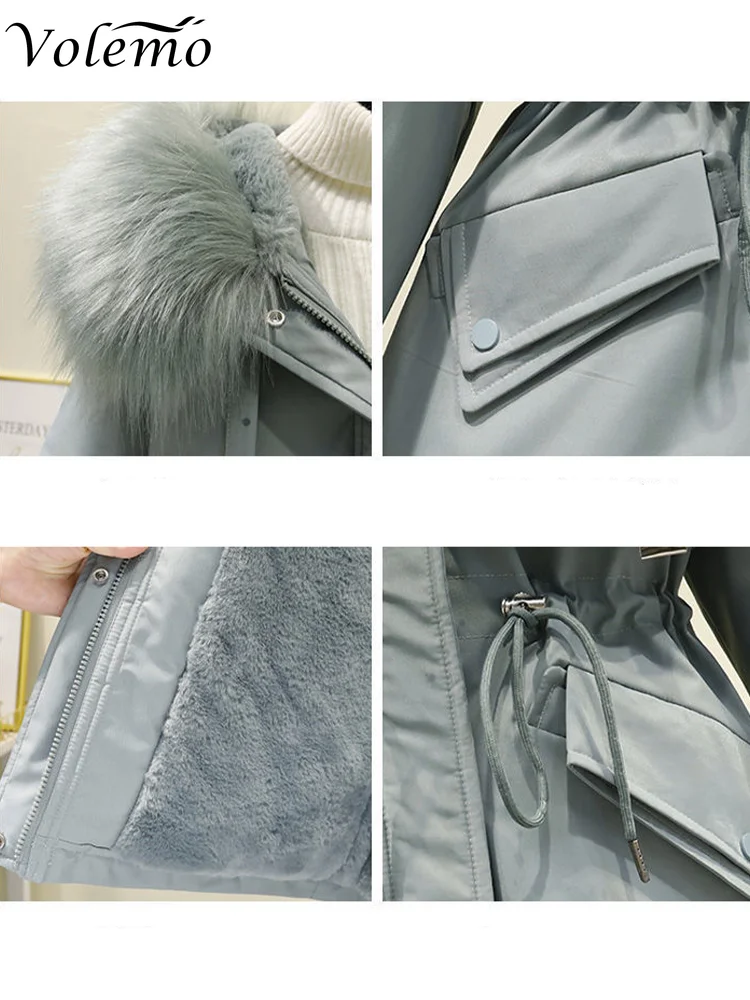 Volemo 2022 Cotton Padded Plus Size 3XL Winter Big Fur Jacket Women Loose Slim Warm Hooded Parka Coat Down Jacket Dropshipping