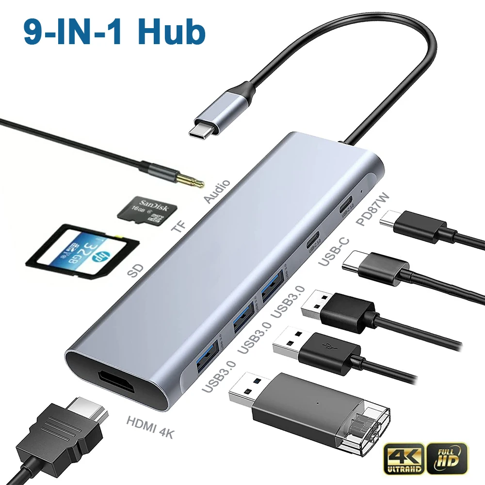 USB-концентратор с 4K HDMI 100 Вт PD 3 USB-C 5 Гбит/с кардридер TF/SD Thunderbolt USBC Hub для MacBook Air/Pro XPS |