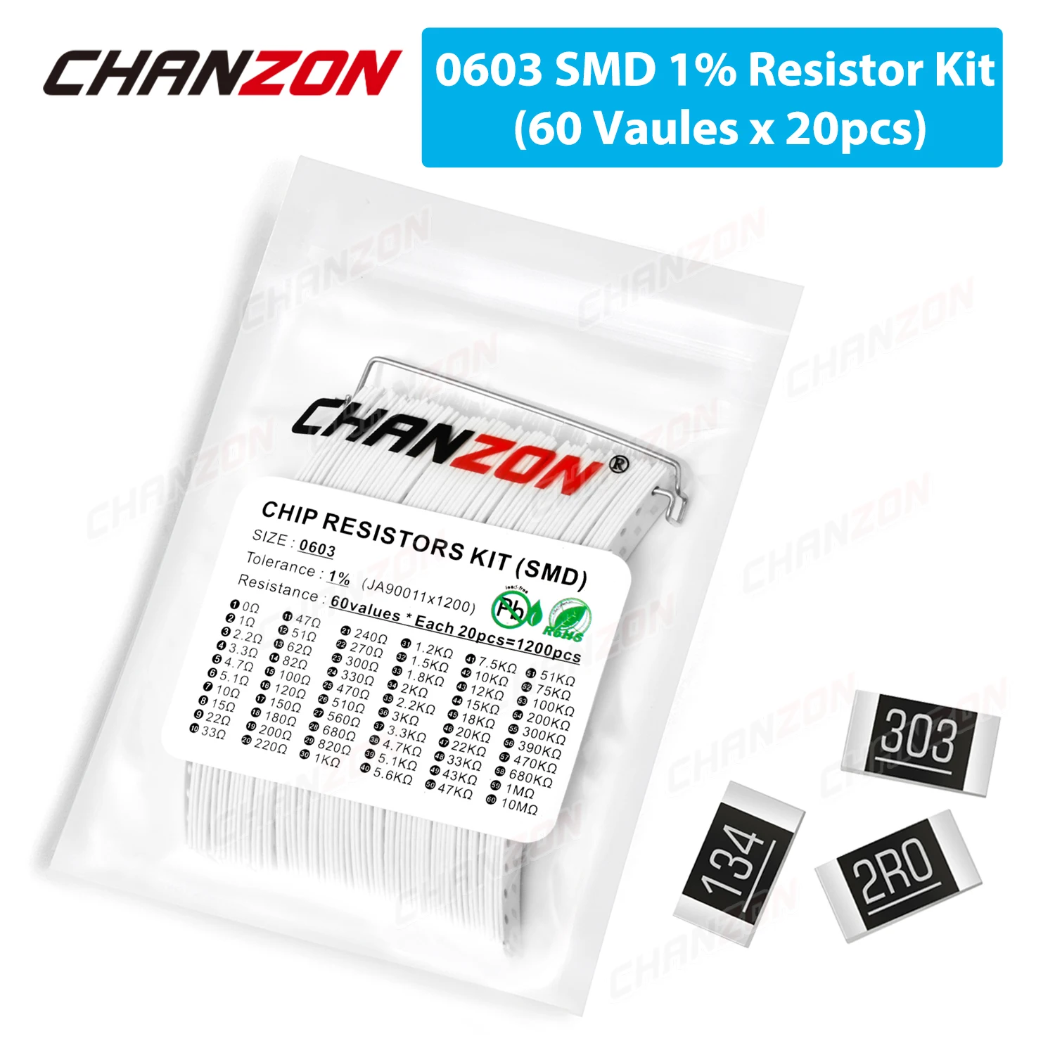 60 Values x 20Pcs SMD 0603 Resistors Assorted Set 1200 Pcs 0ohm - 10M Ohm 1/10 Watt 1% High Precision Film Chip Resistance Kit