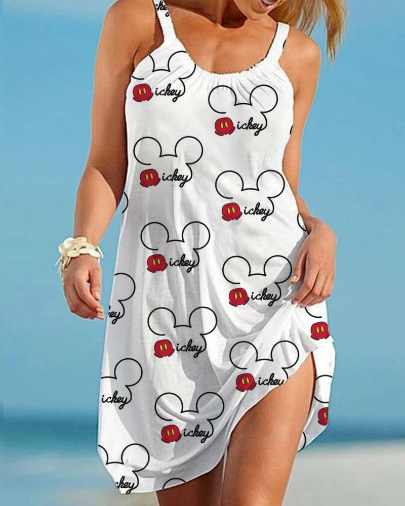 

Gaun Pantai Longgar Wanita Disney Minnie Gaun Ayun Gambar Cetak Floral Tanpa Lengan Gaun Mini Tali Spaghetti Italia Kasual Seksi