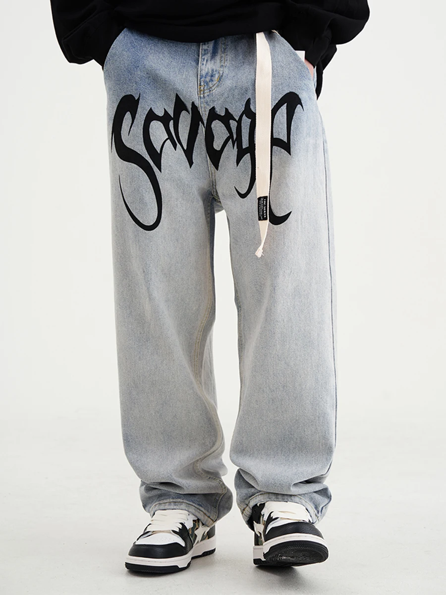 Four Seasons Solid Color Jeans Men's Letter Print Trend Loose Retro High Street Pants Fashion Streetwear Men Ins Hot Sale JEANS