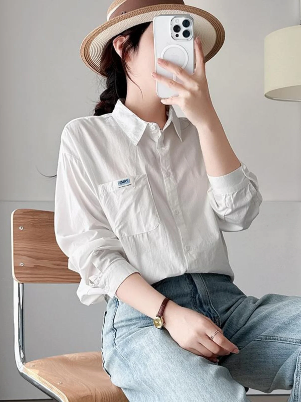 White Pure Cotton Minimalist Sle European Goods Shirts Top Women Loose Korean Design Adjustable Small Blue Labe...