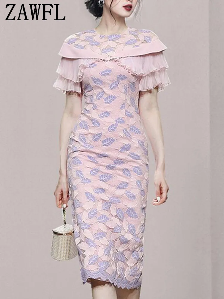 

ZAWFL 2022 Summer Fashion Midi Dress Elegant Evening Party Dresses for Women Classy Prom High-waist Lace Ruffle Female Clothing