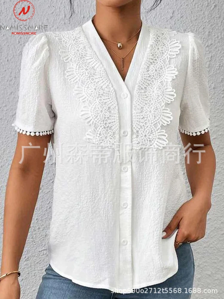 

Fashion Women Summer Solid Color Shirts Single-Breasted Design Lace Decor V-Neck Short Sleeve Loose Cardigan Top