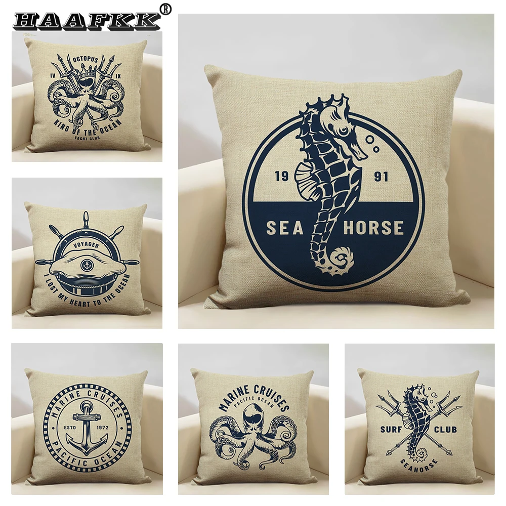 

Наволочка с навигационным рисунком для дивана в гостиную, Матросская декоративная подушка 45x45 см, синяя льняная подушка, подходит для автом...