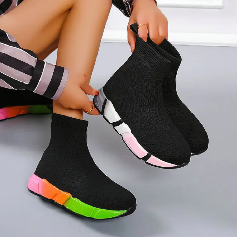 High-top elastic socks boots 2022 spring knitted fly-knit platform shoes Nice neutral black student running sports casual shoes
