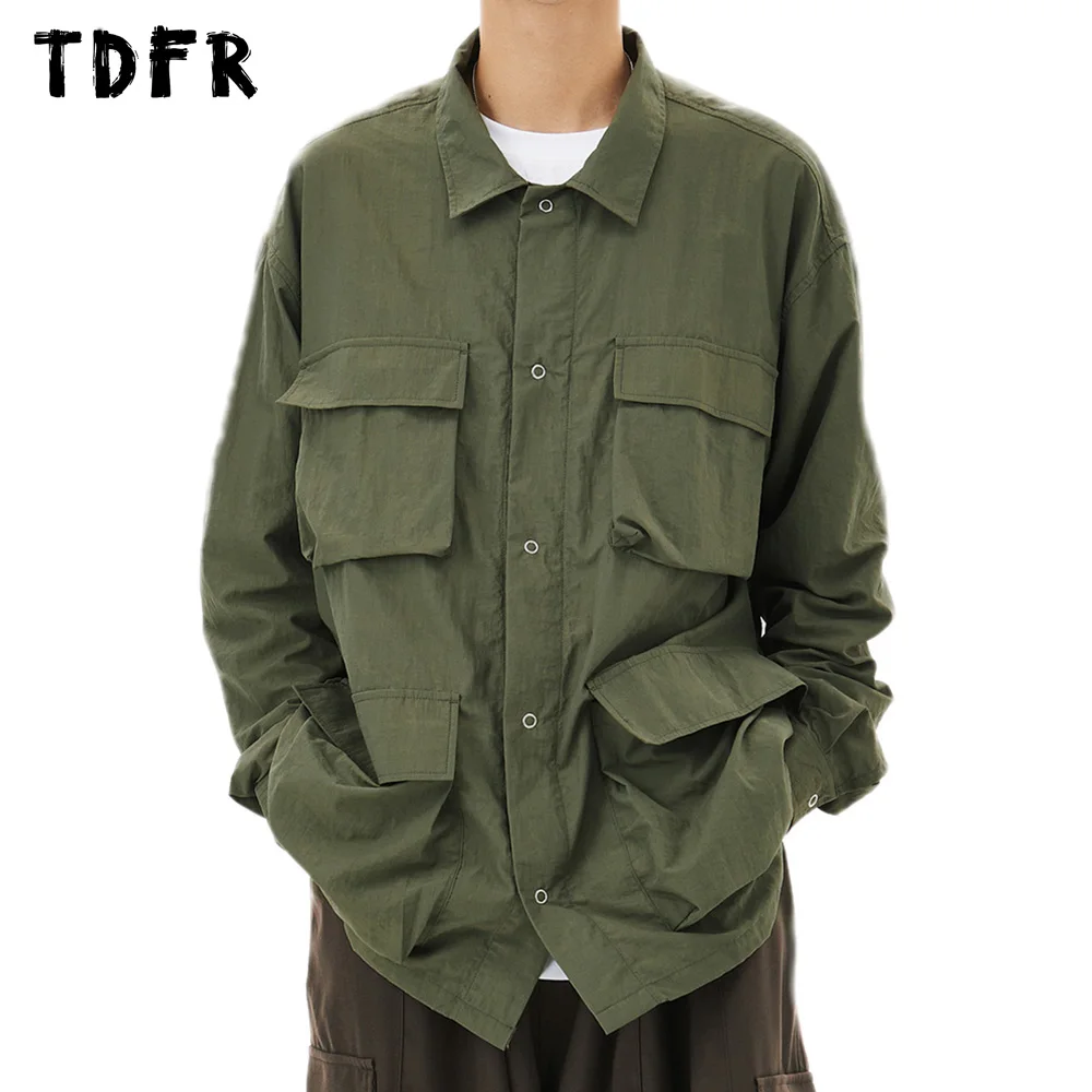 

Multi-Pocket Cargo Shirts Mens Solid Color Autumn Loose Casual Safari Style Lapel Single Breasted Long Sleeve Shirts Men