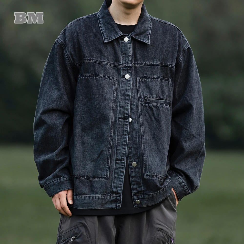 

Японская уличная одежда высококачественные джинсовые куртки для мужчин, Свободная Повседневная джинсовая куртка в стиле Харадзюку, Корейская трендовая куртка-карго с лацканами для мужчин
