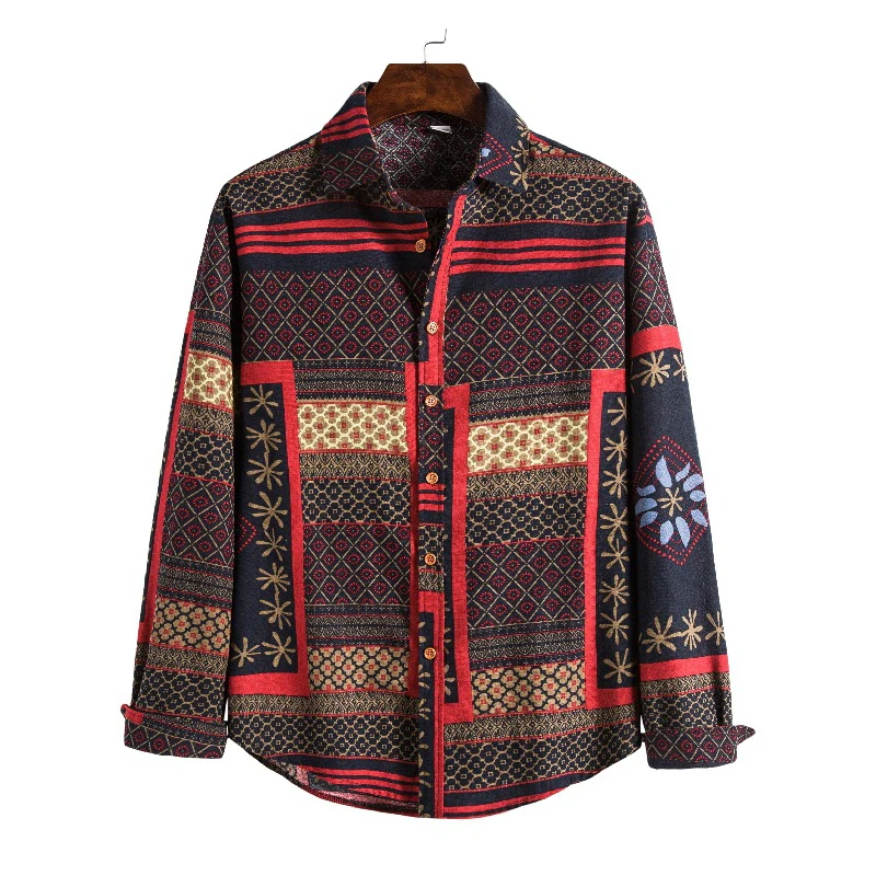

Vintage Cotton Linen Ethnic Print Shirt Men Brand New Casual Button Down Dress Shirts Long Sleeve Harajuku Shirt Male Camisa 5XL
