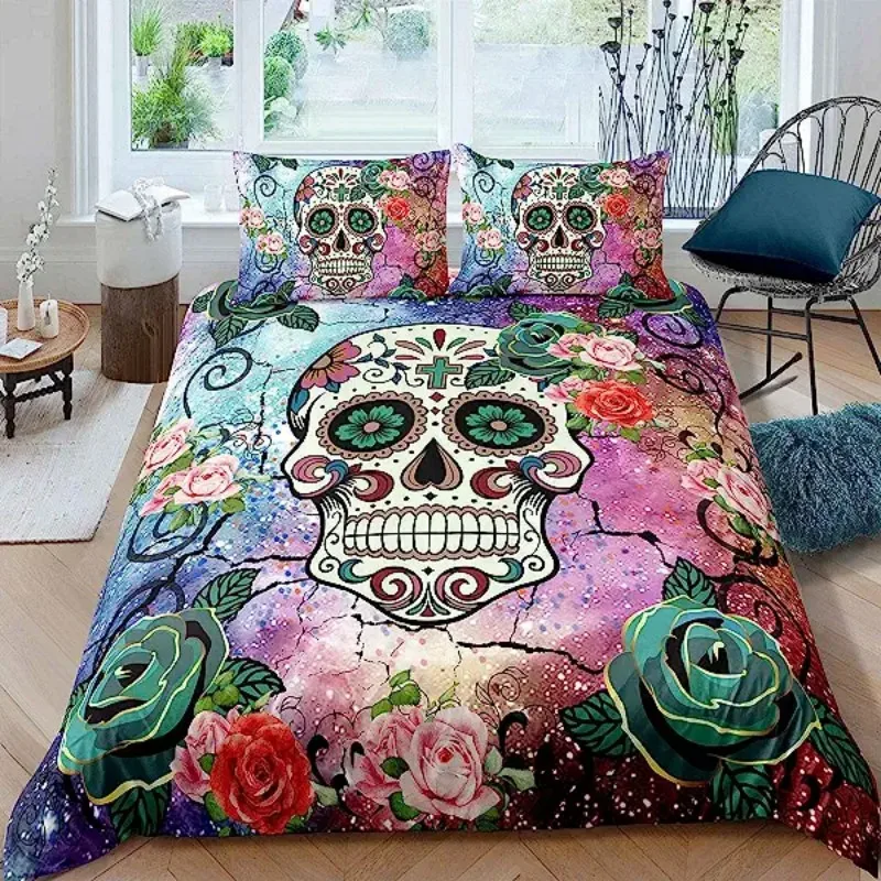 

Sugar Skull Duvet Cover Teen Girl Bedding Set Sugar Skull Decor Bedding Skull Skeleton Roses Floral Print Duvet Cover Decorative