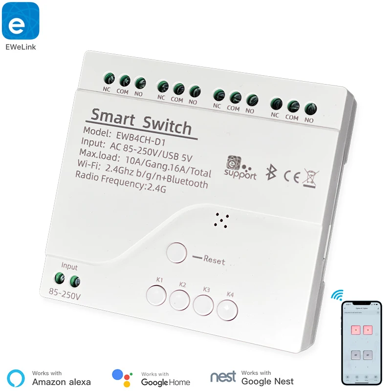 

eWelink Smart 4 Channel WiFi Momentary Inching Relay Self-Lock Switch Module,DIY WiFi Garage Door Controller, Din Rail Housing
