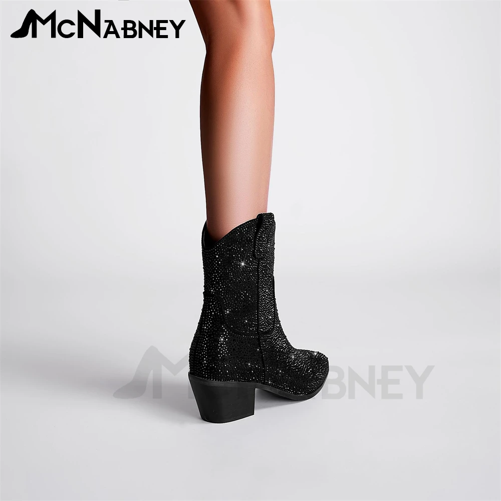 Rhinestone Cowboy Boots Bling Bling Wedge Boots Pointed Ankle Boots Western Cowboy Style Shoes for Women Luxurious Slip On Shoes
