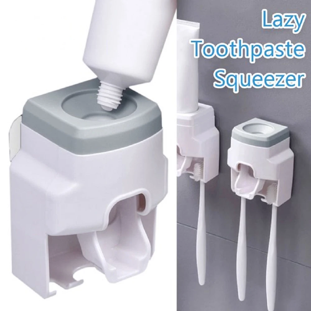 

Automatic Toothpaste Dispenser with 2 Toothbrush Holder Slots Set Hands Free Wall Mounted Toothpaste Squeezer for Bathroom Sink