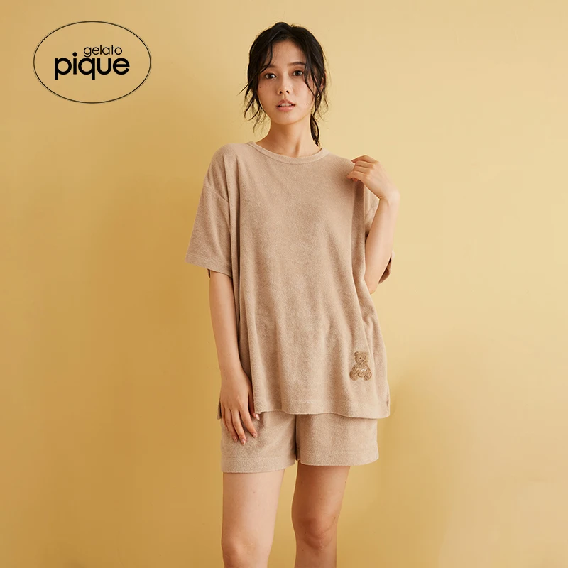 Room Wear Gelato Pique Homewear Women Pajamas Set Hoodie Shorts Trousers Bear Embroidery  Towels Fabric