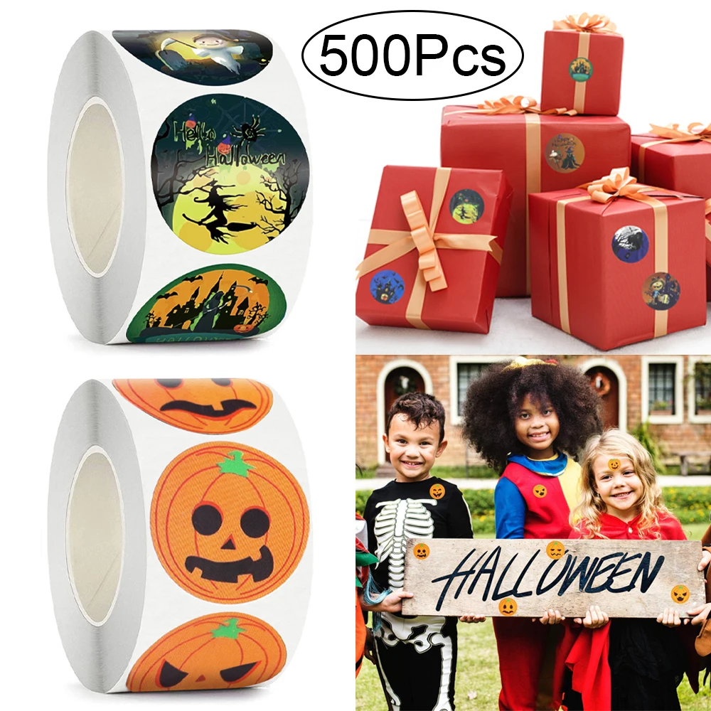 

500Pcs/Roll Halloween Pumpkin Ghost Witch Label Stickers Candy Bag Sealing Sticker Halloween Gifts Labels Home Party Decorations