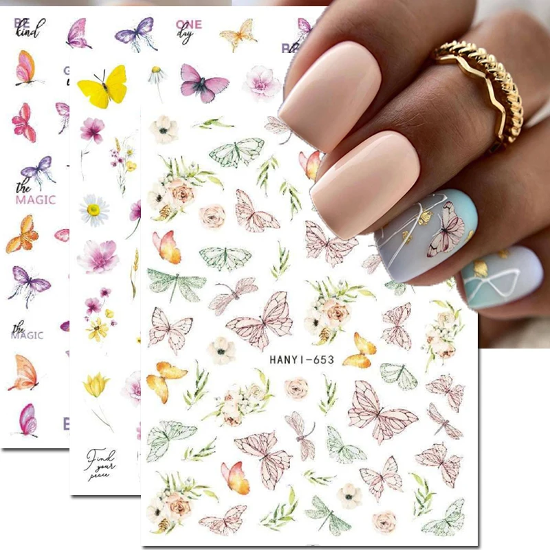 

Nail Art Decals White Pink Flowers Watercolor Green Pink Butterflys Back Glue Nail Stickers Decoration For Nail Tips Beauty