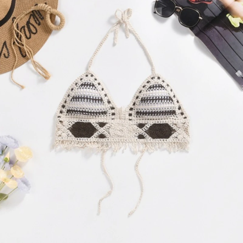 Богемный ажурный вязаный крючком кроше Топ с воротником хомутом и завязкой сзади