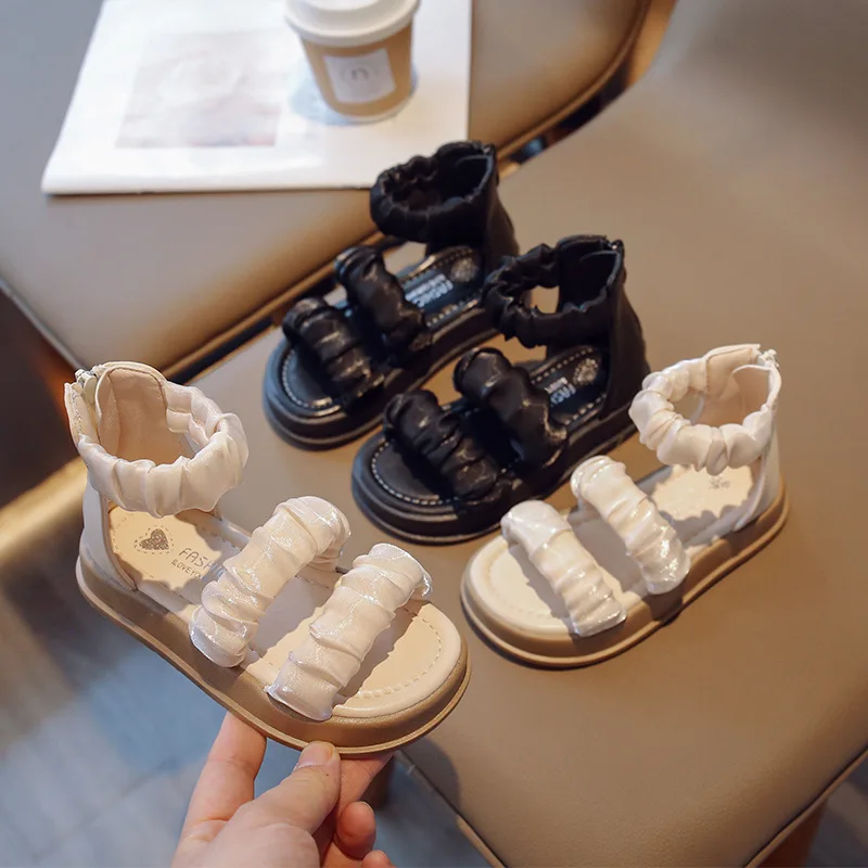 

Kids Girls Sandals Pleated Ribbons 2023 Summer New Soft Bottom Casual Girl Shoes Toddler Princess Beach Shoes Children G05274