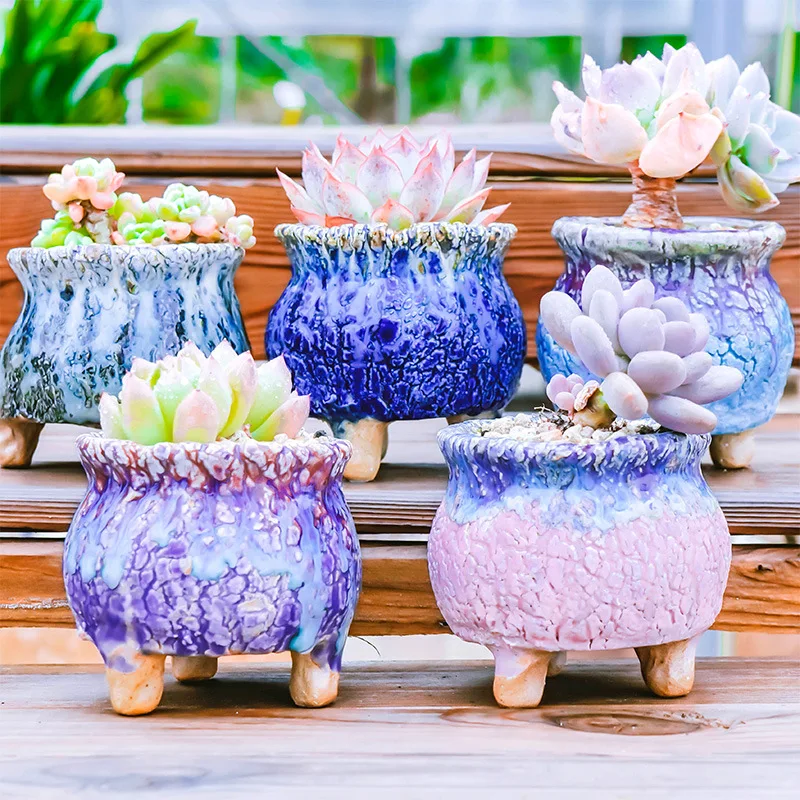 

Creative Ceramic Flowerpot Coarse Poterry Floral Pattern Fleshy Plant Pot Breathable Vase Office Desktop Ornaments Garden Decor