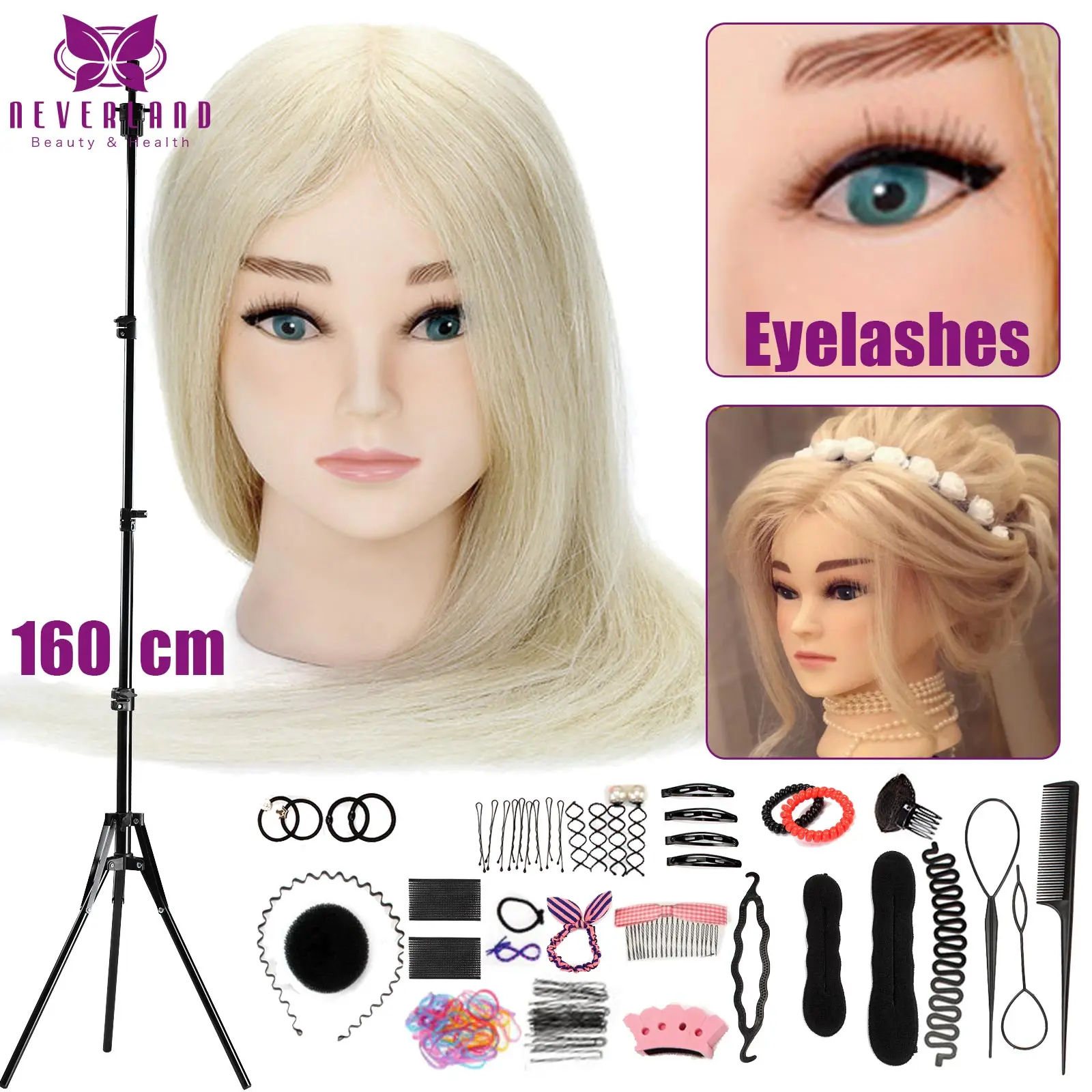 Hairstyles Hairdressing Mannequin Head With 100% Real Hair Hairdresser Curling Dyeing Practice Training Head With Tripod 160cm