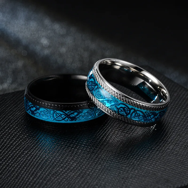 

Fashion 8mm Lace Gear Stainless Steel Dragon Rings Black And Blue Man's Gifts Wedding Band Jewelry