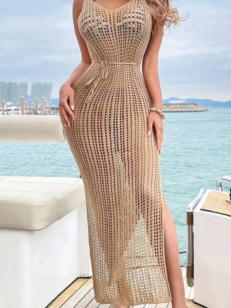 

Длинное белое вязаное крючком платье-макси на бретельках с вырезами и бахромой летняя одежда женская пляжная одежда купальный костюм накид...