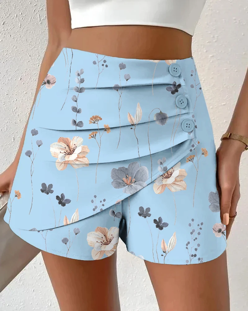 New Ninimour Women Floral Print Side Button Ruched Shorts 2023 Summer Women Casual Daily Wear Short Pants Summer Clothes Holiday