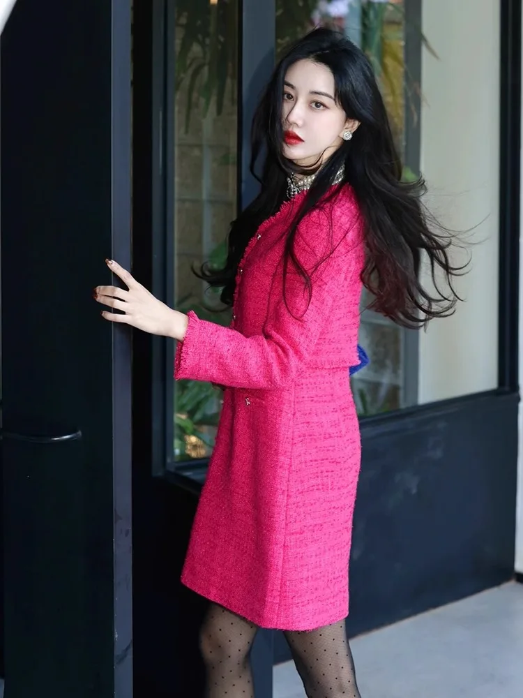 Plus Size Small Dress Socialite Temperament Women clothes High Sense High end Exquisite Rose Red Fake Two Pieces Graceful Dre...