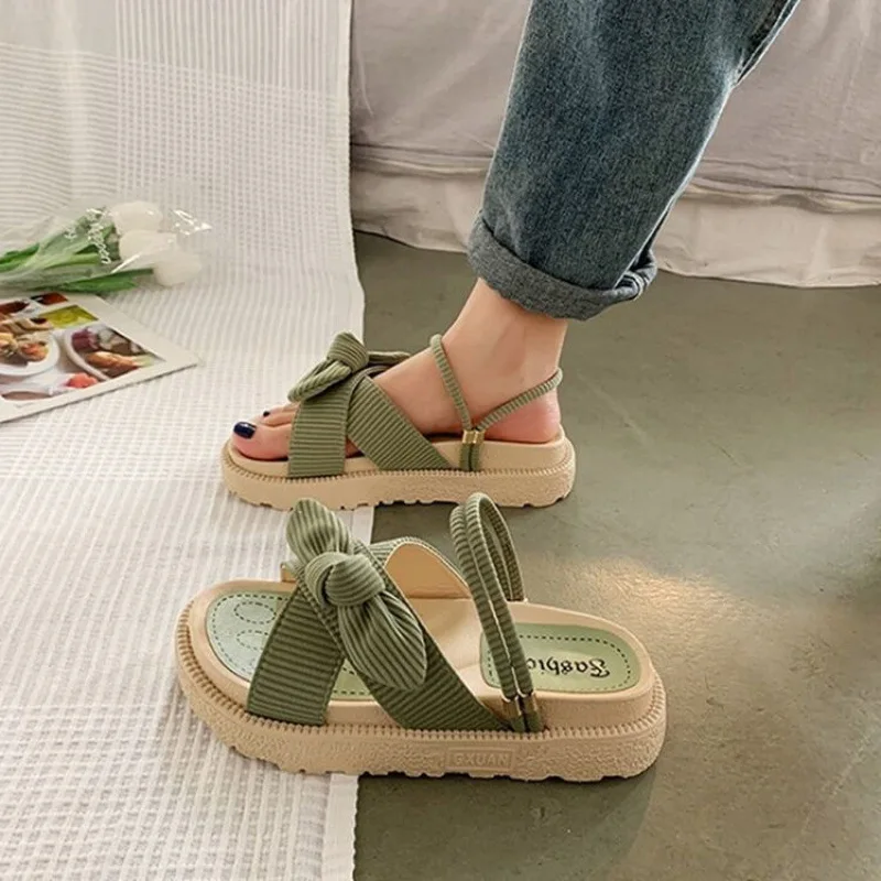 New Fairy Style Lady Summer Slippers Thick Platform Flat Sandals With Butterfly-Knot Summer Flip Flops Women Outdoor Sandals