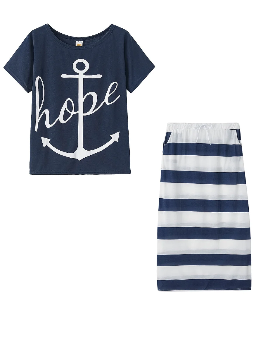 LW Plus Size Two Piece Letter Print Striped Skirt Set Elegant Vacation Two-pieces Suit Sets Fashion Summer Tops+skirt Matching O
