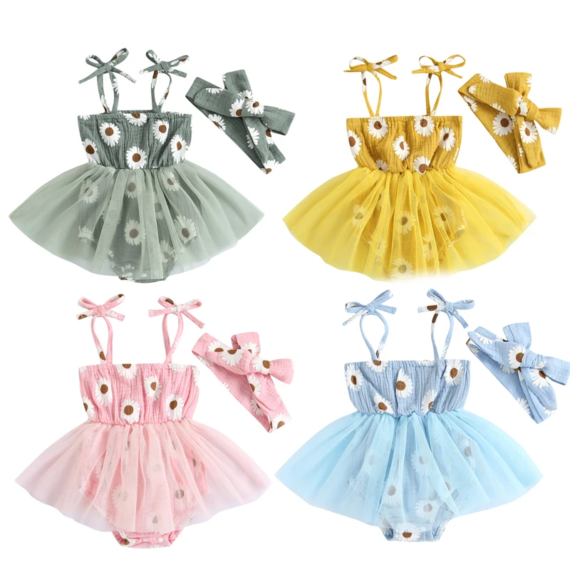 

2Pcs Baby Summer Outfit Daisy Print Tied Spaghetti Strap Romper Skirt + Hairband for Toddler Girls 0-18 Months