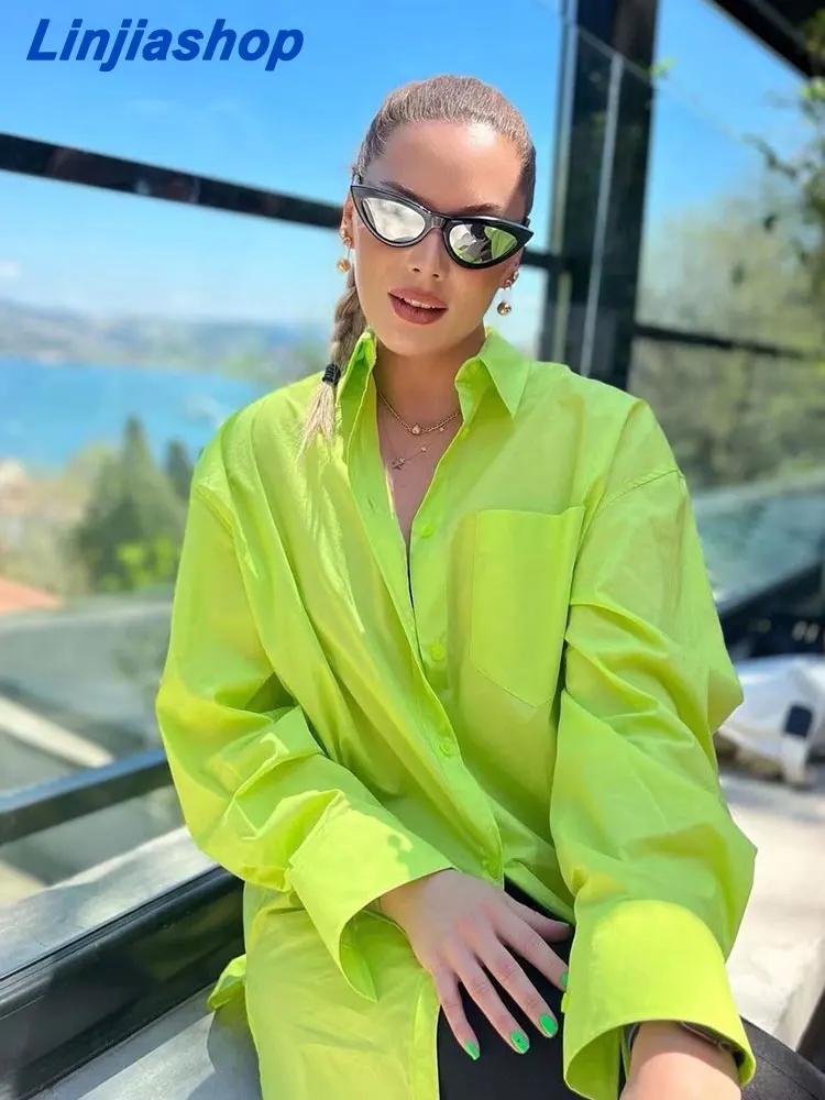 

Summer women solid green oversize blouse chic long solid single breasted casual elegant shirt ladies 22520