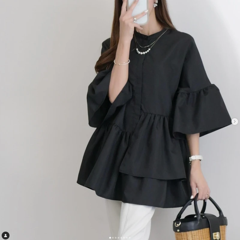 Блузка женская с рукавами-фонариками элегантная однотонная Свободная рубашка в