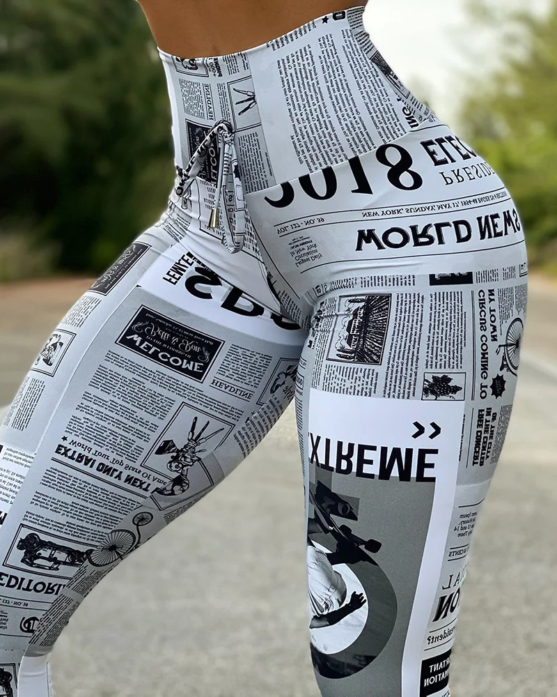 

2023 Spring Women Newspaper Print Butt Lifting Pants Femme Anime High Waist Skinny Trousers Sporty Lady Clothing Traf