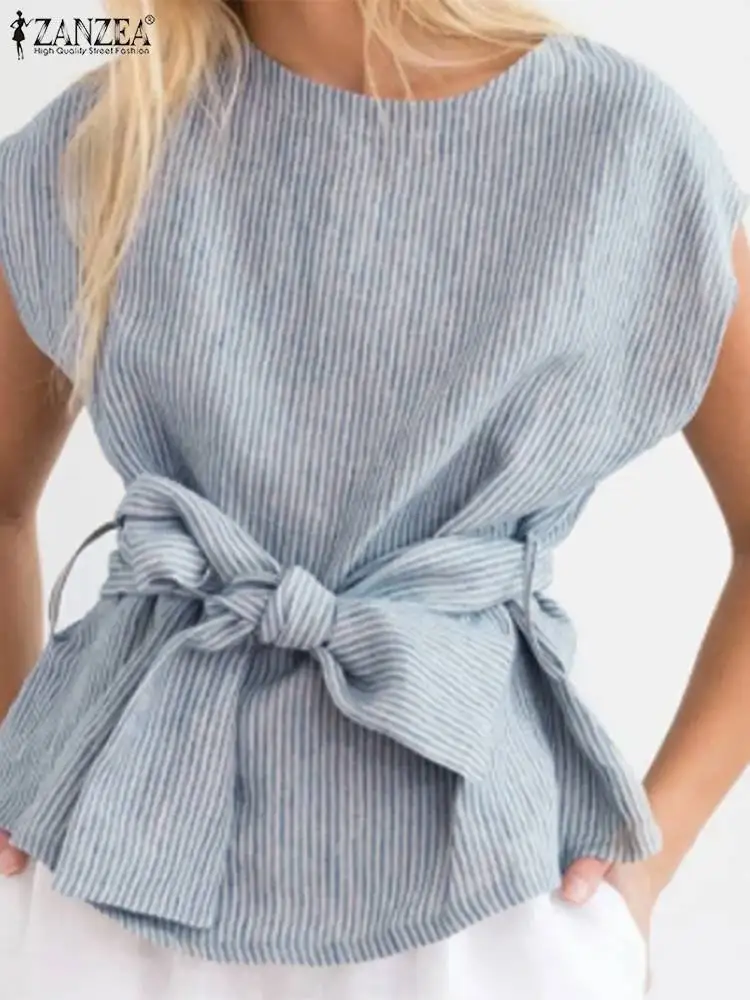 

ZANZEA Bohemian Casual Loose Holiday Elegant Shirt Summer Women Striped Print Blouse Cap Short Sleeve O-Neck Buttons Tunic Tops