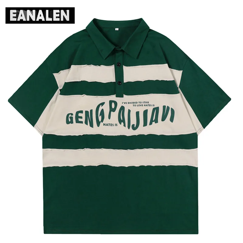 

Harajuku Retro Green Striped Graphic Polo Shirt Men's Oversized Gothic Rock Punk Streetwear Pop Short Sleeve T-Shirt Women's Top