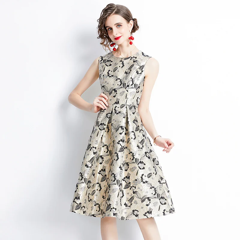 

Женское жаккардовое платье без рукавов, винтажное праздничное облегающее платье-трапеция до колена с круглым вырезом, лето 2022