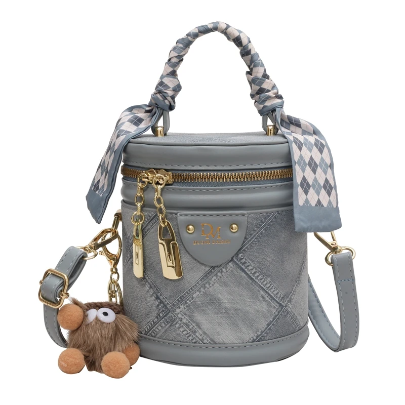 

New women's bag luxury designer cylindrical handbag Ladies PU mini Shoulder Bag Silk scarf embellish Crossbody bag Female bag