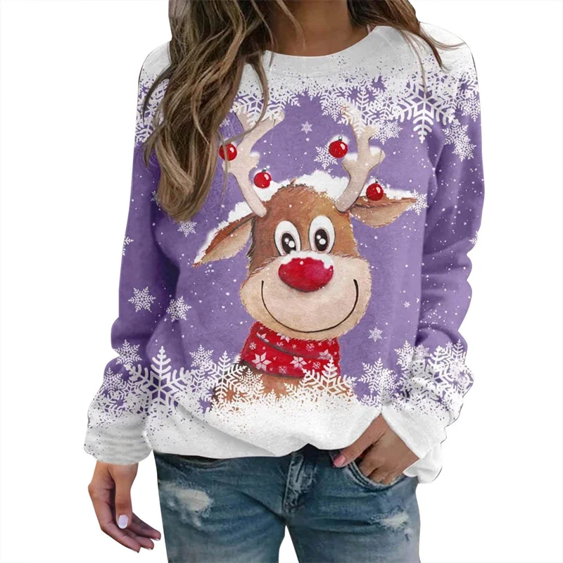

Women's Christmas snowman sweatshirt 3D printed cute deer snowman round neck sweatshirt women's top