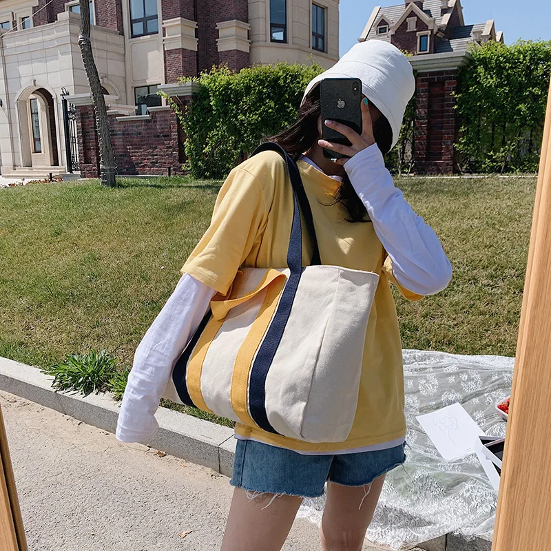 

Women Canvas Shopper Tote Bag Female Stripe Shoulder Bag Thick Cloth Ladies Handbag Large Shopping Bag Student Zipper Books Bag