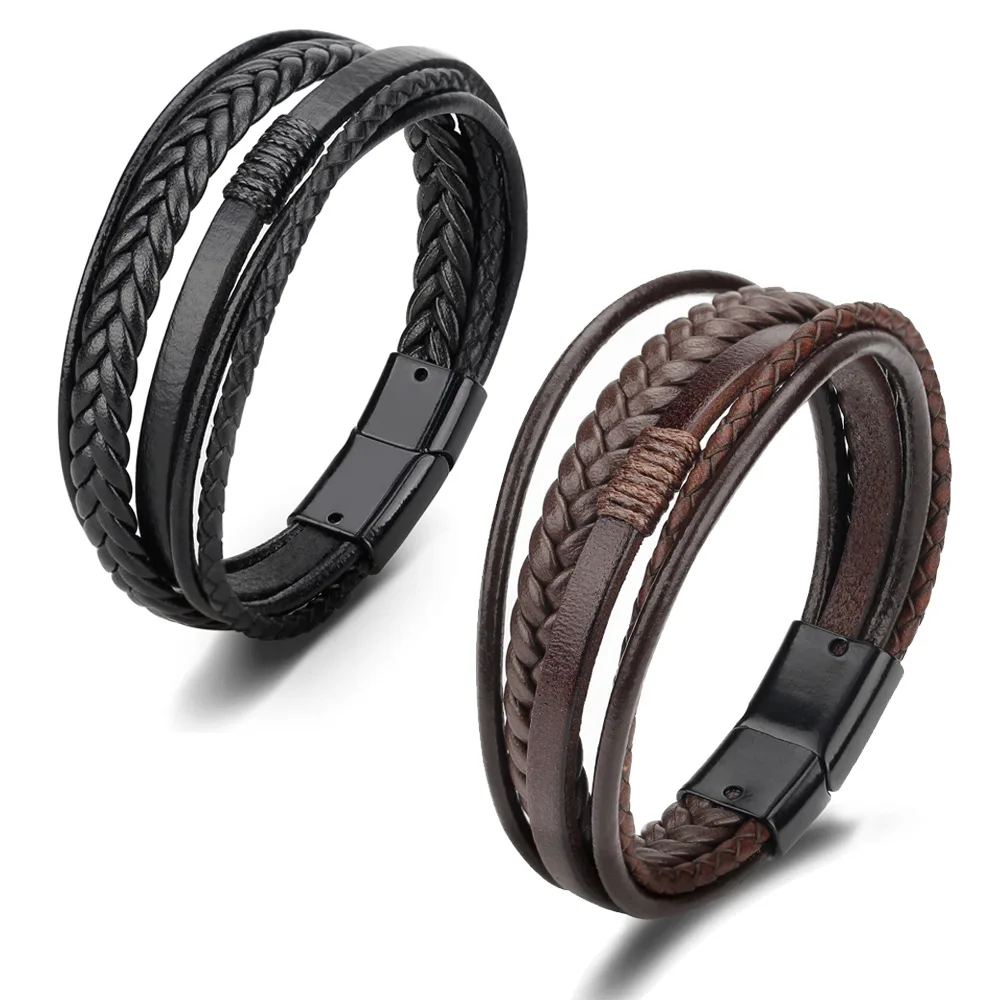 Wholesale Multilayer Leather Rope Wrap Hand Weaving Bracelet Braided Magnetic Buckle Stainless Steel Bracelets for Men Jewelry