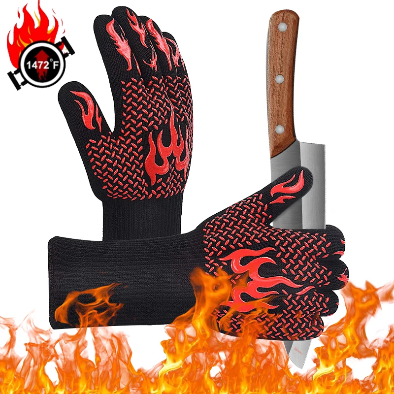 

2Pcs BBQ Oven Gloves Fireproof Anti-Scald Barbecue Gloves for Microwave Ovens Silicone 1472°F Grill Mitts for Cooking Cutting