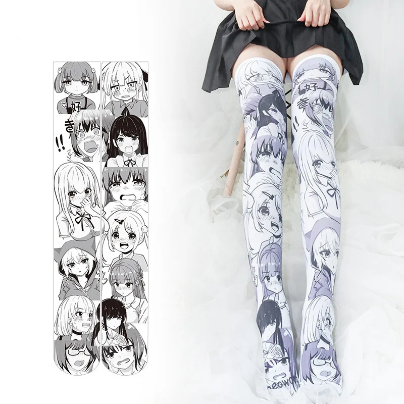 

Kawaii Lolita Girl Stockings Thigh-high Socks Cute Facial Expression Print 3D Velvet 60CM 50D Cartoon Over-the-knee Socks