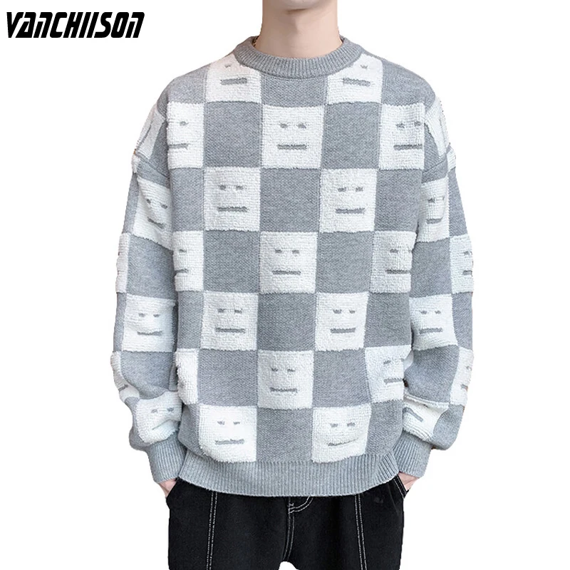

Мужской утепленный джемпер в клетку, Свободный пуловер с мультяшным рисунком, в Корейском стиле, на осень-зиму, 0044WE8283